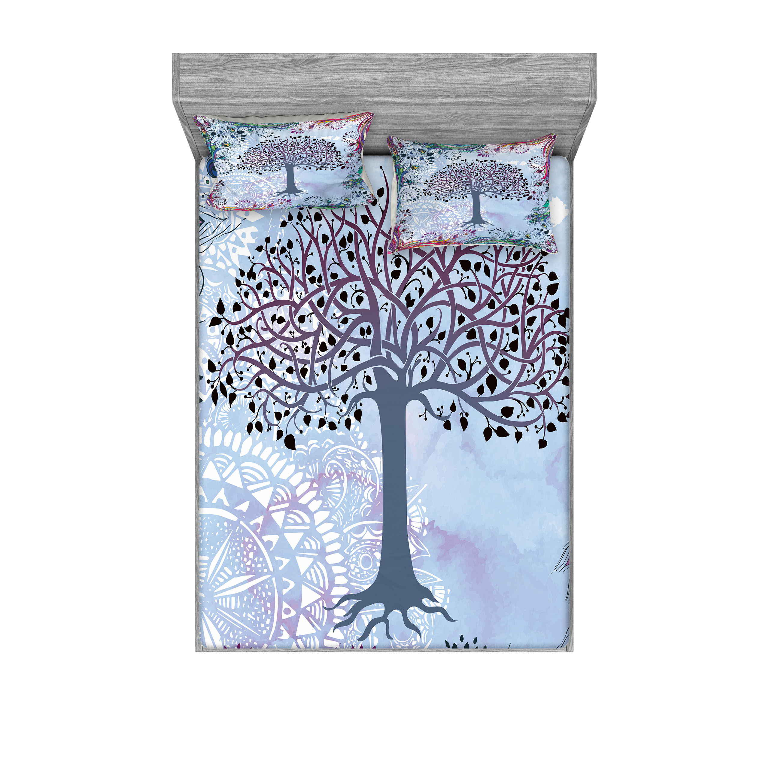 Ambesonne Nature Fitted Sheet & Pillow Sham Set, Vintage Tree of Life ...