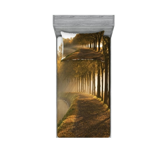 Ambesonne Nature Fitted Sheet & Pillow Sham Set, Walkway at Canal Misty, Twin, Orange Brown