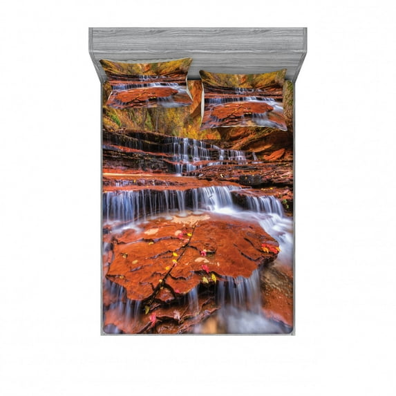 Ambesonne Nature Fitted Sheet & Pillow Sham Set, Waterfall Autumn, Queen, Brown