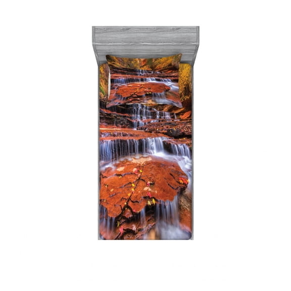 Ambesonne Nature Fitted Sheet & Pillow Sham Set, Waterfall Autumn, Twin, Brown