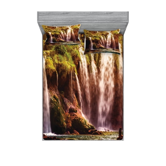 Ambesonne Nature Fitted Sheet & Pillow Sham Set, Waterfall Forest Trees, Full, Green and Brown