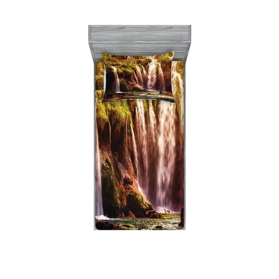 Ambesonne Nature Fitted Sheet & Pillow Sham Set, Waterfall Forest Trees, Twinxl, Green and Brown