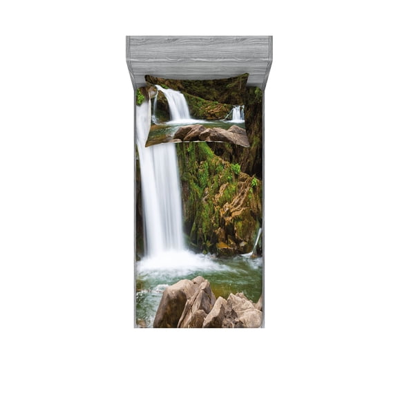 Ambesonne Nature Fitted Sheet & Pillow Sham Set, Waterfalls in Mountains, Twin, Green Brown
