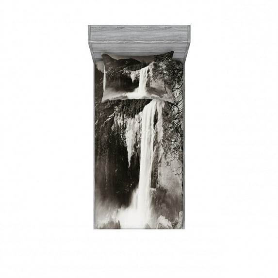 Ambesonne Nature Fitted Sheet & Pillow Sham Set, Waterfalls in Yosemite, Twinxl, Black White