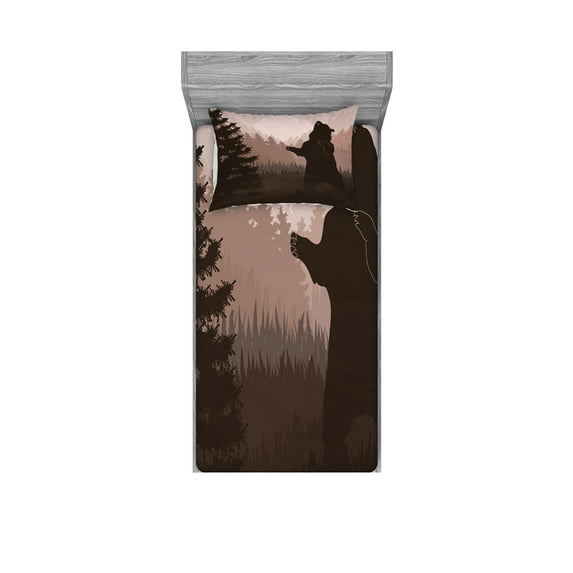 Ambesonne Nature Fitted Sheet & Pillow Sham Set, Wild Bear Night Jungle, Twinxl, Army Green Pale Peach