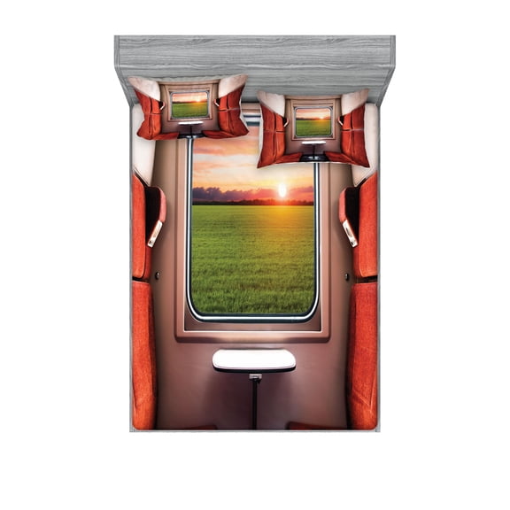 Ambesonne Nature Fitted Sheet & Pillow Sham Set, Window Railroad Travel, Queen, Red Green Cream