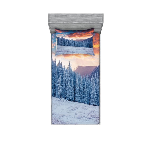 Ambesonne Nature Fitted Sheet & Pillow Sham Set, Winter Snowy Forest Sky, Twinxl, Sky Blue Salmon