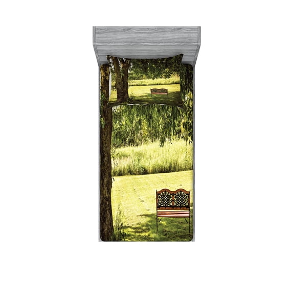Ambesonne Nature Fitted Sheet & Pillow Sham Set, Wooden Bench at Park, Twinxl, Green Brown