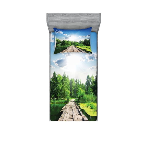 Ambesonne Nature Fitted Sheet & Pillow Sham Set, Wooden Bridge on River, Twin, Blue Green