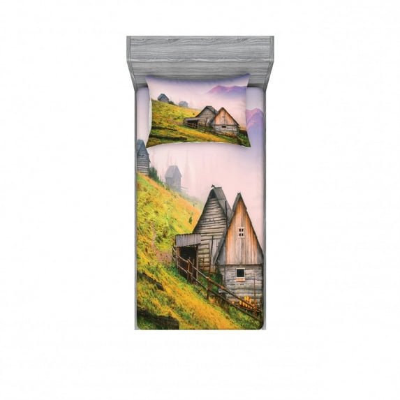 Ambesonne Nature Fitted Sheet & Pillow Sham Set, Wooden Houses Mountain, Twinxl, Green Brown