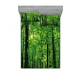 thumbnail image 1 of Ambesonne Nature Fitted Sheet & Pillow Sham Set, Woodland Tree Forest Sun, Full, Fern Green Seal Brown, 1 of 2