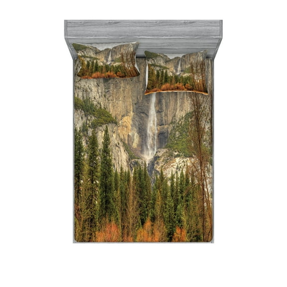 Ambesonne Nature Fitted Sheet & Pillow Sham Set, Yosemite Falls Trees, Full, Orange Green