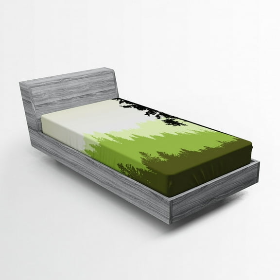 Ambesonne Nature Fitted Sheet, Pine Tree Silihouette, Twin Size, Lime Green Army Green