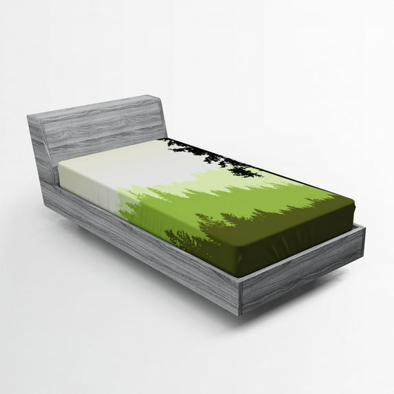 Ambesonne Nature Fitted Sheet, Pine Tree Silihouette, Twin XL Size, Lime Green Army Green