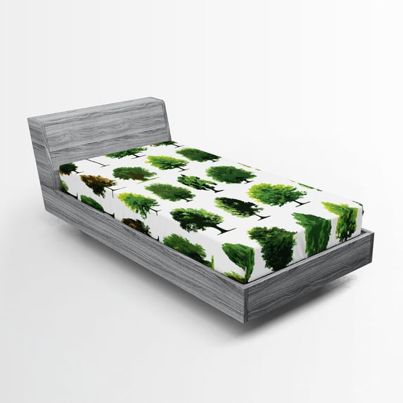 Ambesonne Nature Fitted Sheet, Pines Planes Bushes Tree, Twin Size, White and Green