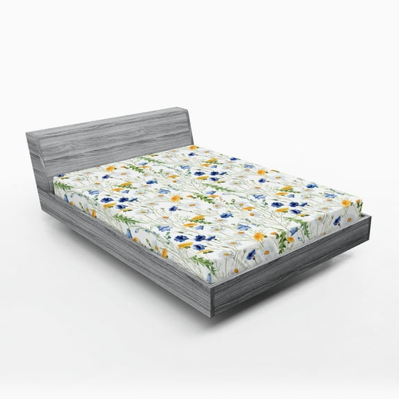 Ambesonne Nature Fitted Sheet, Poppies Daisies Rural, King Size, Pale Green Yellow Blue