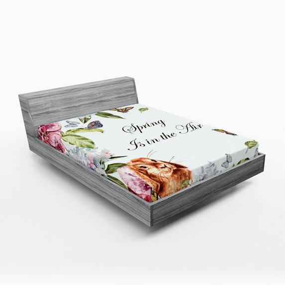 Ambesonne Nature Fitted Sheet, Rabbits Orchid Flowers, Queen Size, Multicolor