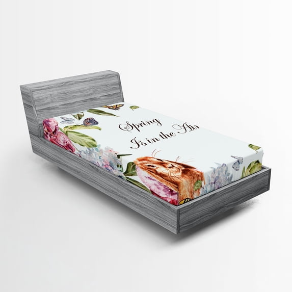 Ambesonne Nature Fitted Sheet, Rabbits Orchid Flowers, Twin Size, Multicolor