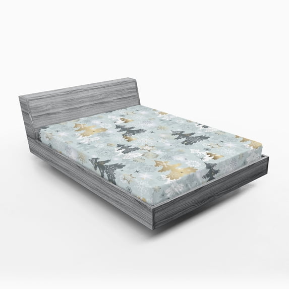 Ambesonne Nature Fitted Sheet, Retro Soft Pine Tree, Full Size, Blue Grey and Dark Mustard