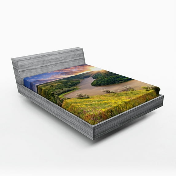 Ambesonne Nature Fitted Sheet, Rising Sun Calm River, Full Size, Multicolor