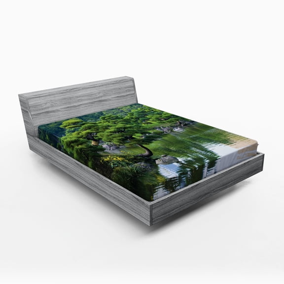 Ambesonne Nature Fitted Sheet, River Landscape Trees, Full Size, Green