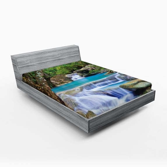 Ambesonne Nature Fitted Sheet, Rocks in Waterfall Lake, Queen Size, Green Blue and Brown