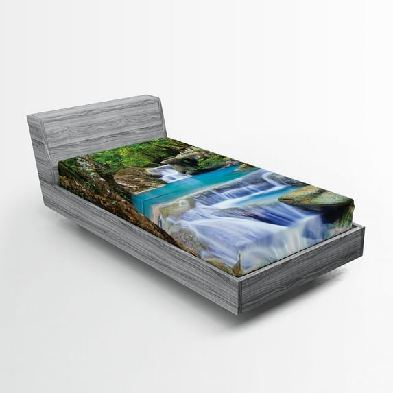 Ambesonne Nature Fitted Sheet, Rocks in Waterfall Lake, Twin XL Size, Green Blue and Brown