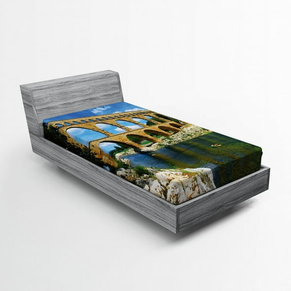 Ambesonne Nature Fitted Sheet, Roman Heritage, Twin Size, Blue Green Tan