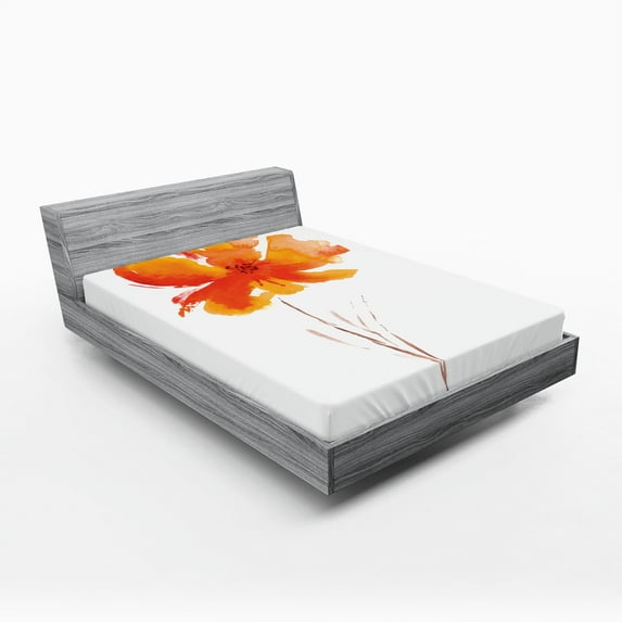 Ambesonne Nature Fitted Sheet, Romantic Poppy, King Size, White Orange