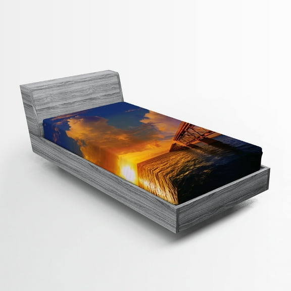 Ambesonne Nature Fitted Sheet, Romantic Scenery Ocean, Twin Size, Orange Blue