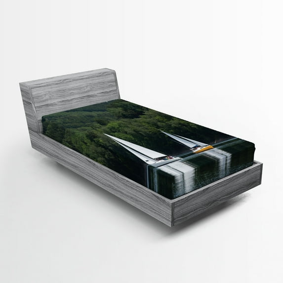 Ambesonne Nature Fitted Sheet, Sailboats on a Lake, Twin XL Size, Green White