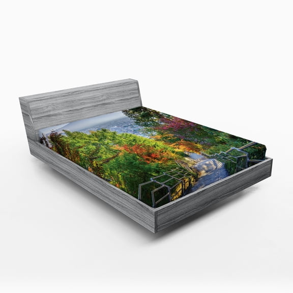 Ambesonne Nature Fitted Sheet, Sakura Garden, Full Size, Green Grey