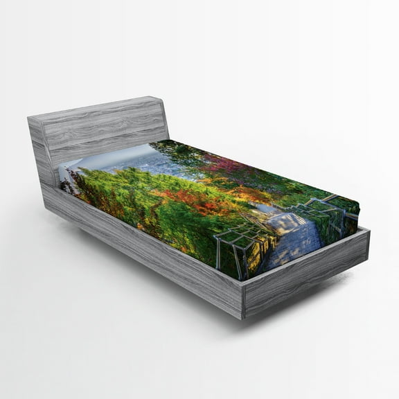 Ambesonne Nature Fitted Sheet, Sakura Garden, Twin Size, Green Grey