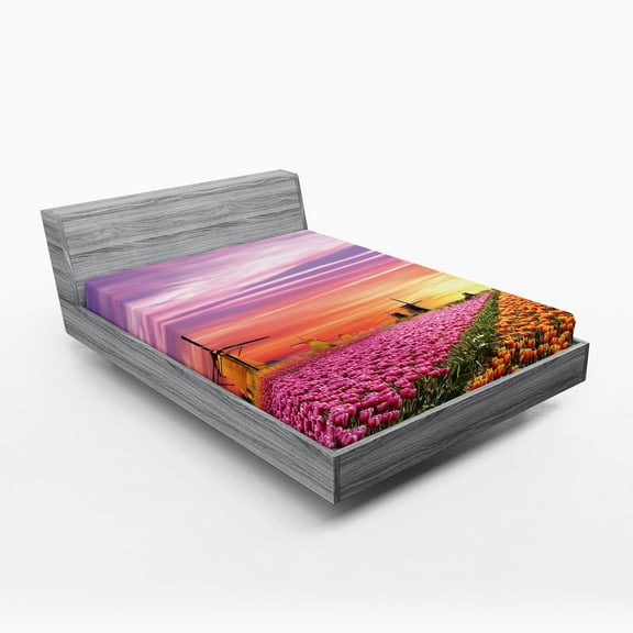 Ambesonne Nature Fitted Sheet, Scenic Tulip Fields, Full Size, Orange Pink Purple