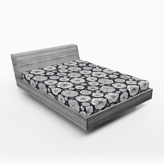Ambesonne Nature Fitted Sheet, Sketchy Floral Dandelion, Queen Size, Black and White