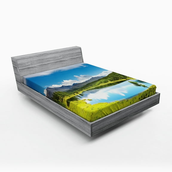 Ambesonne Nature Fitted Sheet, Sky Mountain Landscape, Full Size, Green Blue White