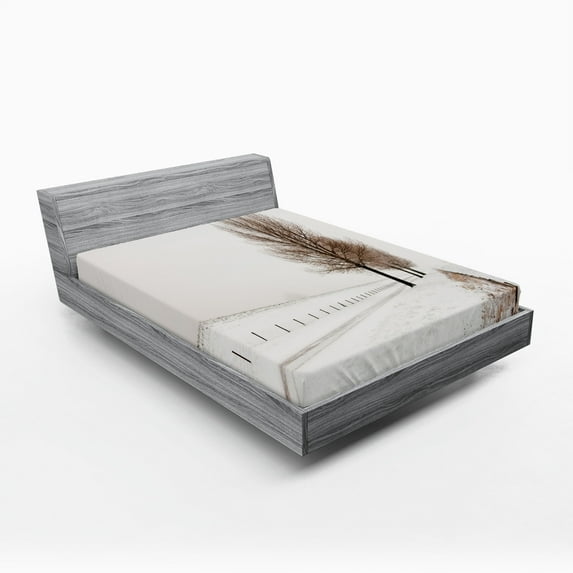 Ambesonne Nature Fitted Sheet, Snow Winter Frozen, Queen Size, White Brown