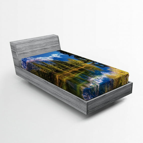 Ambesonne Nature Fitted Sheet, Snowy Alps Lake Pine, Twin XL Size, Green White Blue