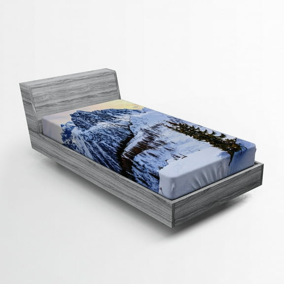 Ambesonne Nature Fitted Sheet, Snowy Mountain Winter, Twin XL Size, White Green