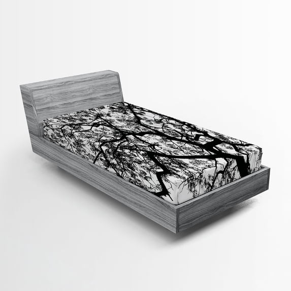 Ambesonne Nature Fitted Sheet, Spooky Black Tree Branch, Twin Size, Black and White