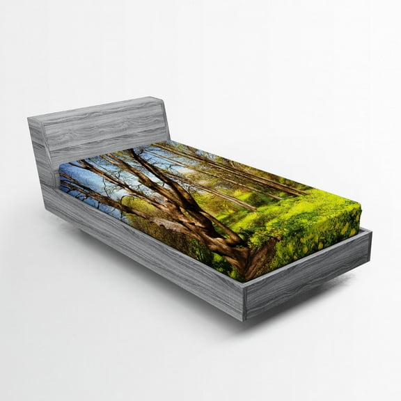 Ambesonne Nature Fitted Sheet, Spring Forest Flowers, Twin XL Size, Yellow Blue Brown