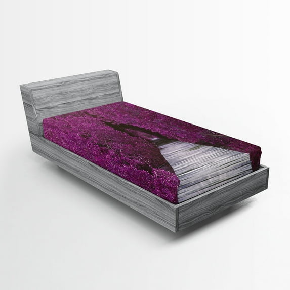 Ambesonne Nature Fitted Sheet, Spring Landscape Floral, Twin Size, Purple Grey
