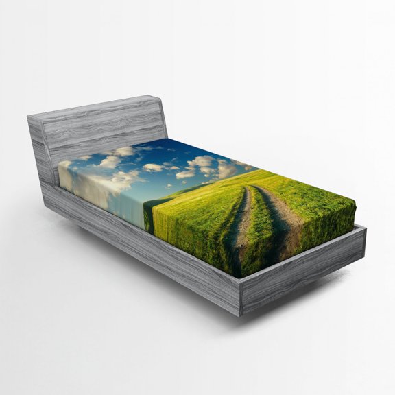 Ambesonne Nature Fitted Sheet, Spring Rural Country, Twin XL Size, Apple Green Dark Blue