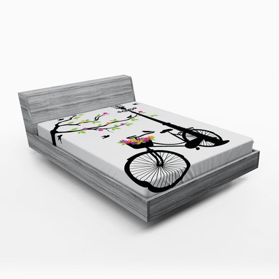 Ambesonne Nature Fitted Sheet, Spring Tree Birds Bike, Queen Size, Multicolor