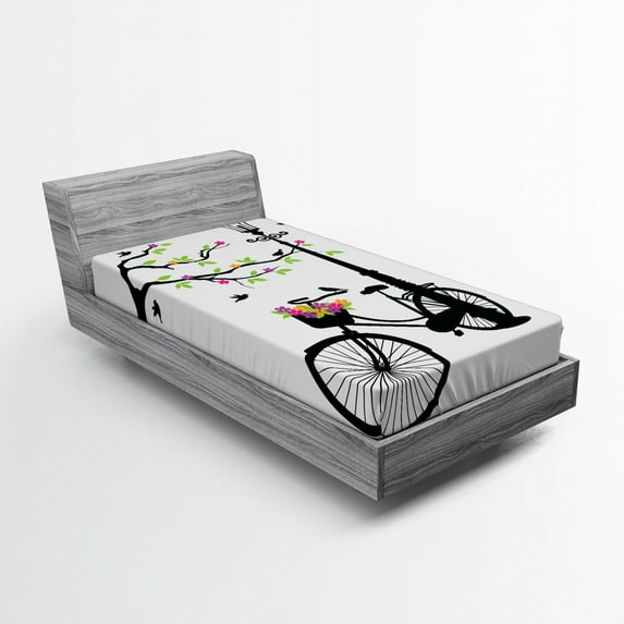 Ambesonne Nature Fitted Sheet, Spring Tree Birds Bike, Twin XL Size, Multicolor