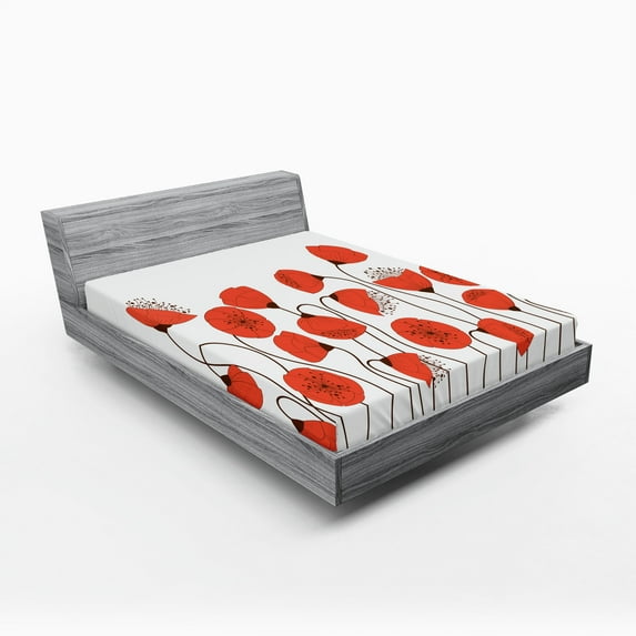 Ambesonne Nature Fitted Sheet, Summer Poppy Flowers, Queen Size, Vermilion and Pearl