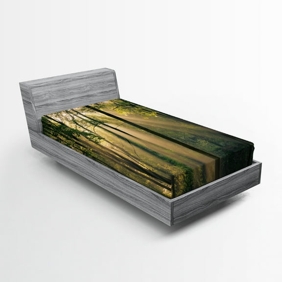 Ambesonne Nature Fitted Sheet, Summertime Countryside, Twin Size, Green Beige Black