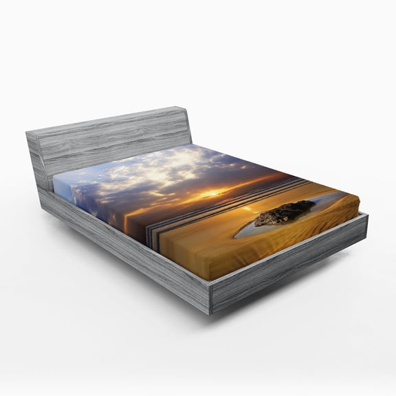 Ambesonne Nature Fitted Sheet, Sunbeams Cloudy Sky Sea, Queen Size, Yellow Grey