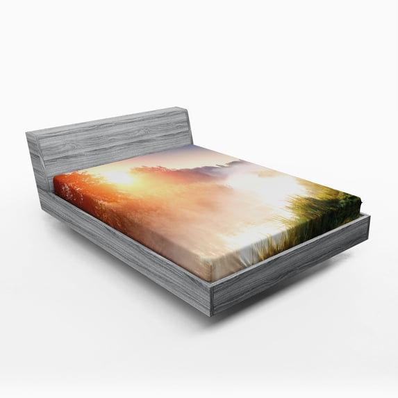 Ambesonne Nature Fitted Sheet, Sunbeams Foggy Mountain, Full Size, Multicolor