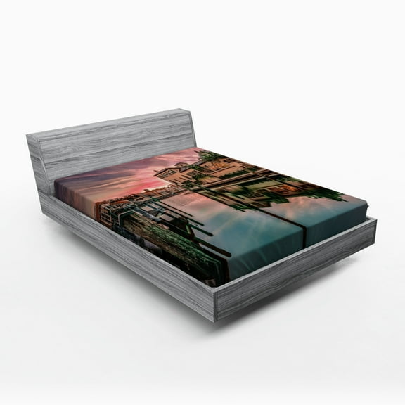 Ambesonne Nature Fitted Sheet, Sunrise River Nautical, Queen Size, Purple Green